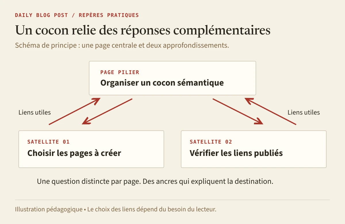 Schéma de principe : une page pilier reliée dans les deux sens à deux satellites qui approfondissent des questions distinctes.